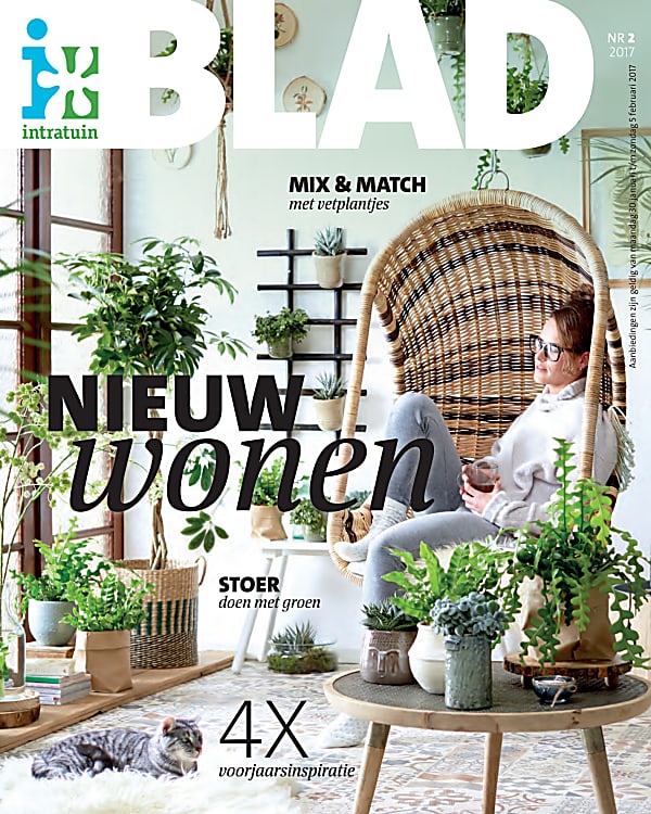 Cover of brouchure garden center Intratuin Green room with woman relaxing in hanging basket chair